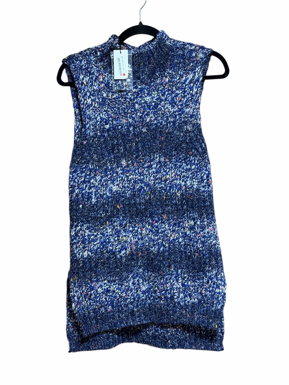 Milly‎ Mock Neck Wool Blend Tunic Sweater Blue Metallic Knit Sleeveless Small